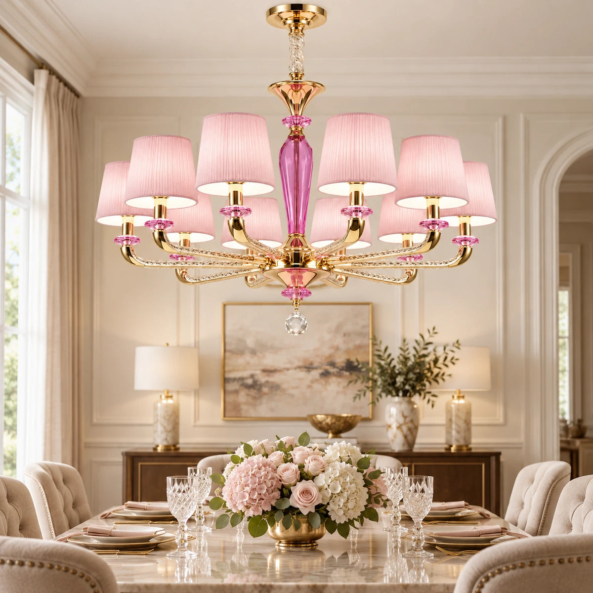 Pink shade ten-light chandelier above a dining table