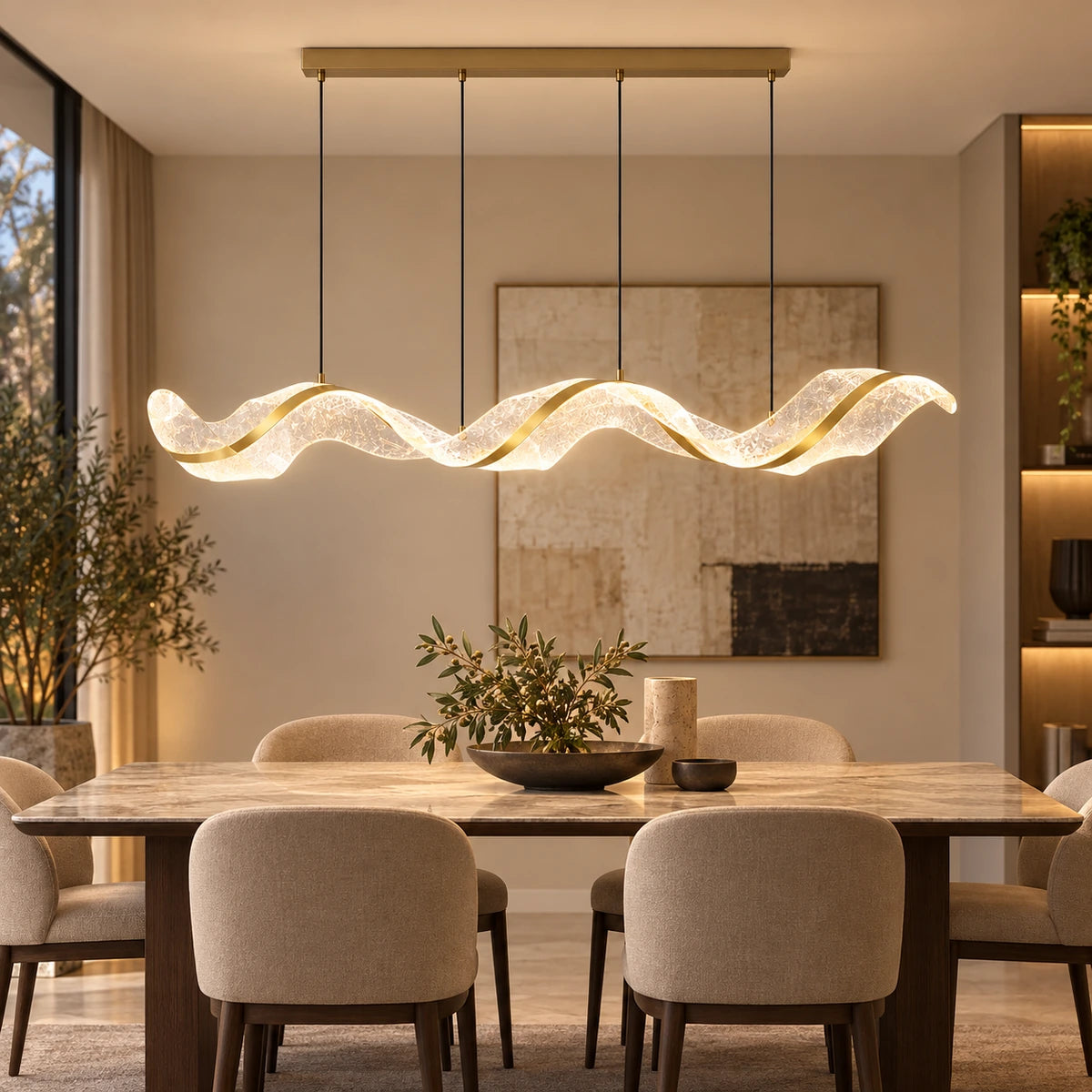 Sculptural wave LED chandelier above a dining table