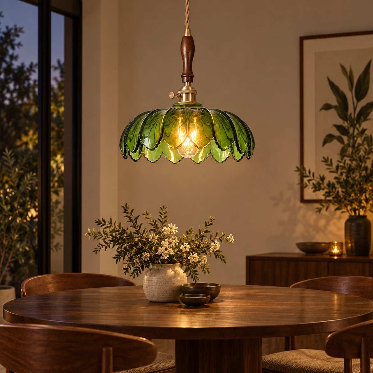 Green petal glass pendant above a round dining table