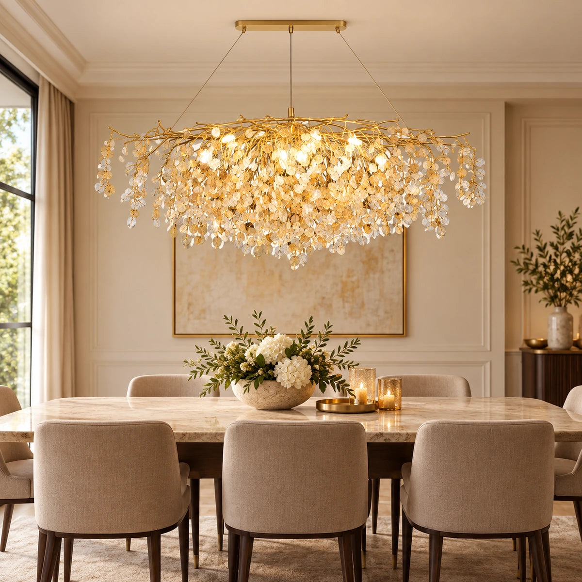 Grand botanical crystal chandelier above a dining table