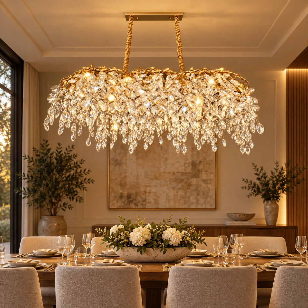 Linear crystal chandelier above a refined dining table