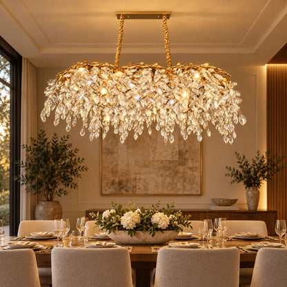Linear crystal chandelier above a refined dining table