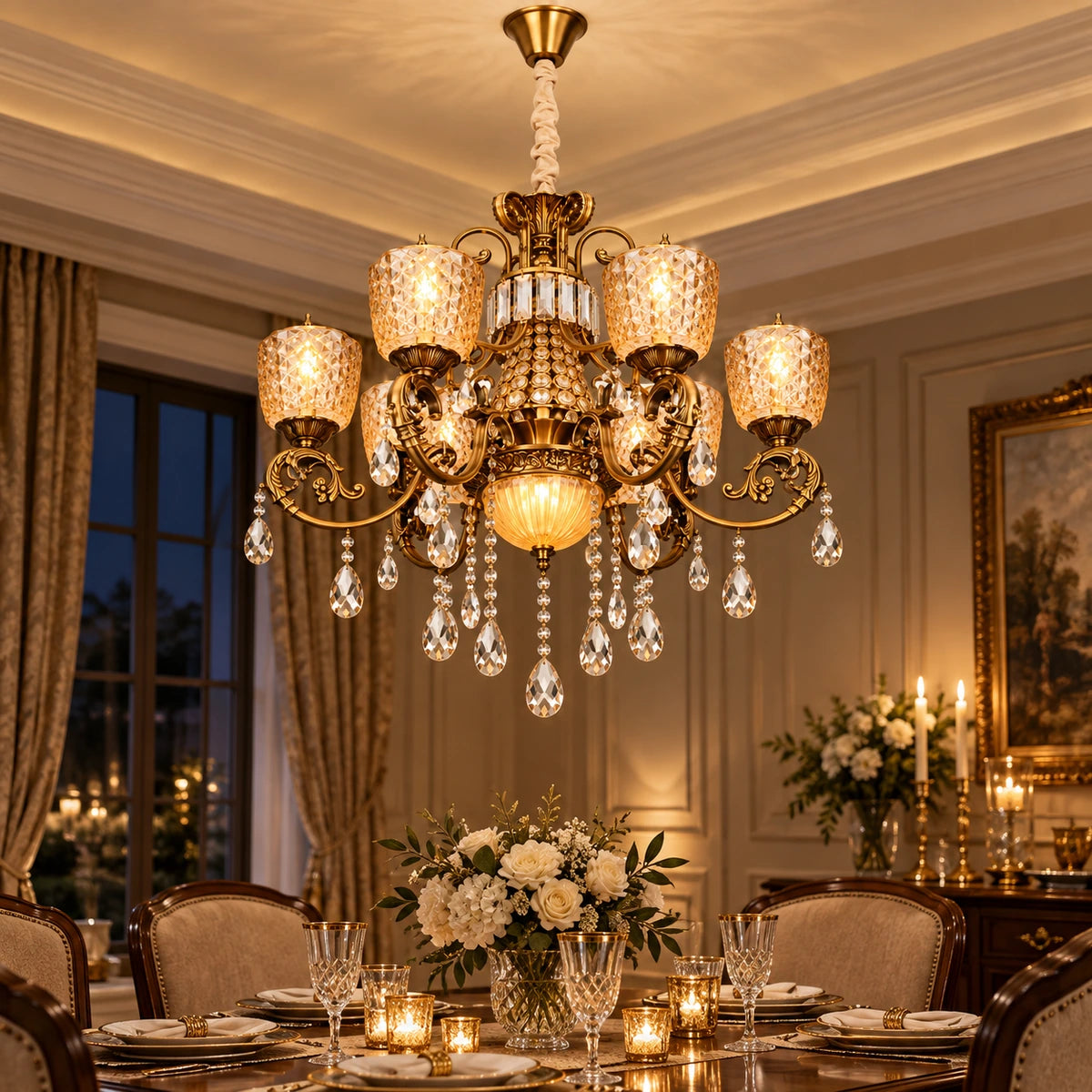 Amber crystal six-light chandelier above a dining table