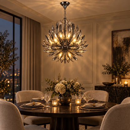 Smoke crystal branch chandelier above a dining table