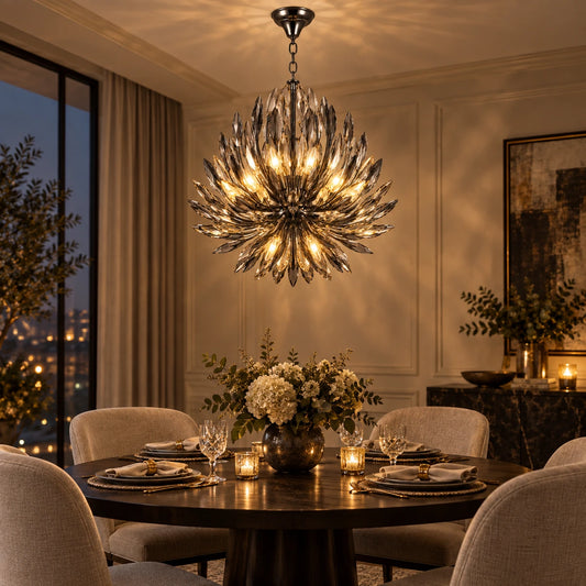 Smoke crystal branch chandelier above a dining table