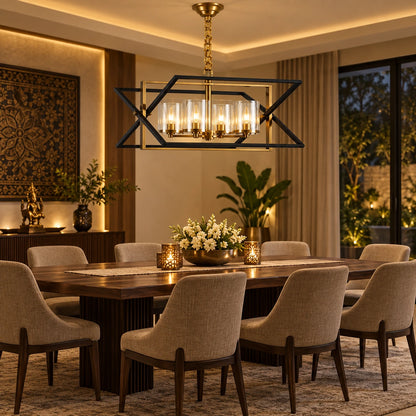 Geometric four-light lantern pendant above a dining table