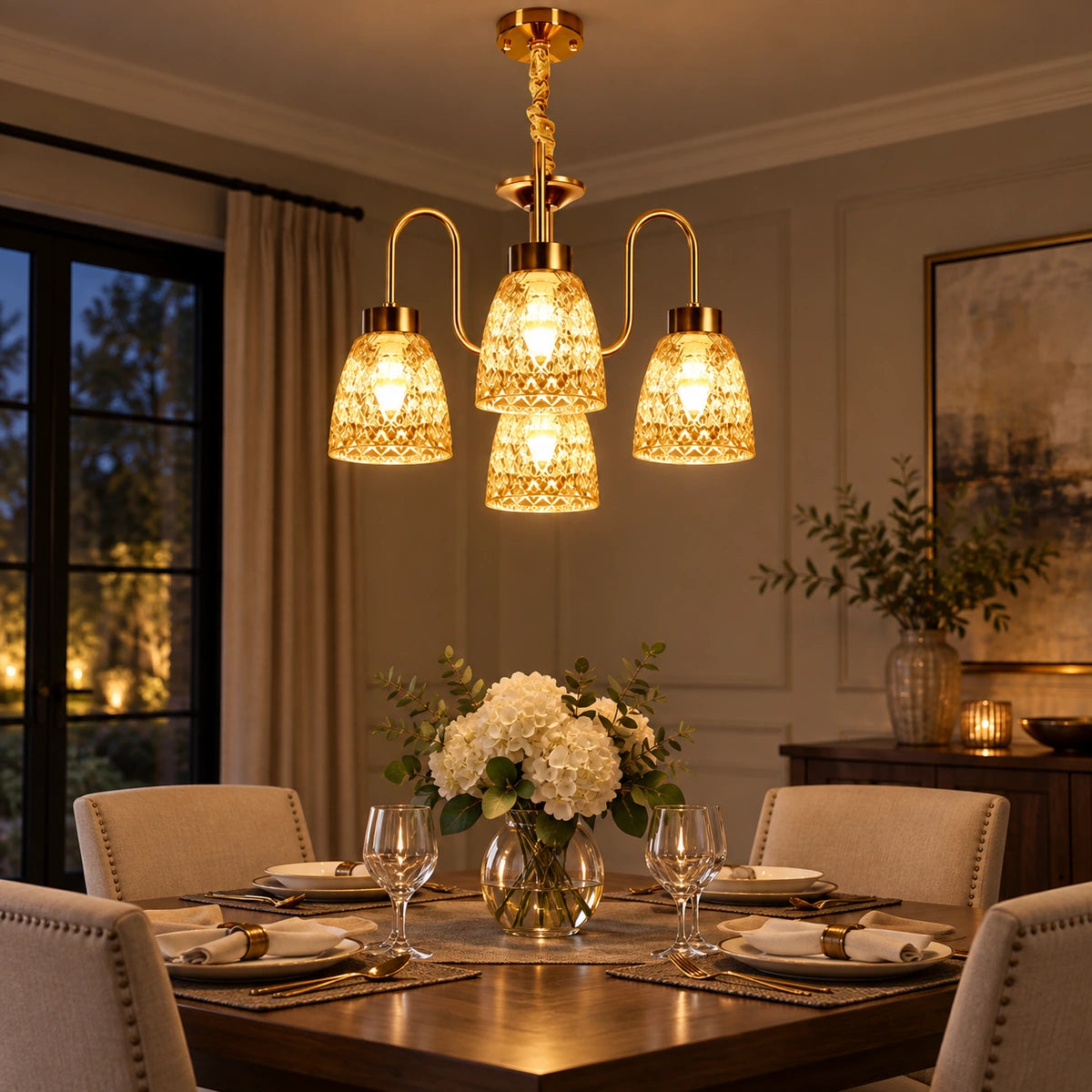 Four-light amber patterned-glass chandelier above a dining table
