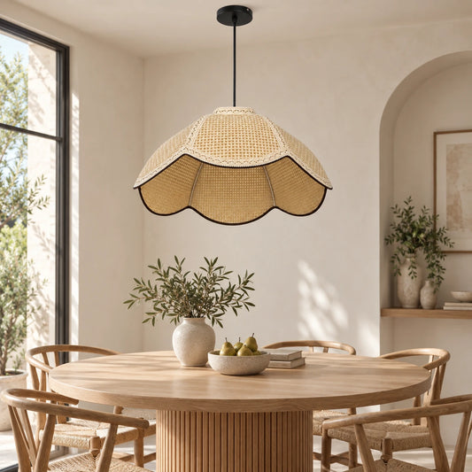 Off-white woven dome pendant above a dining table