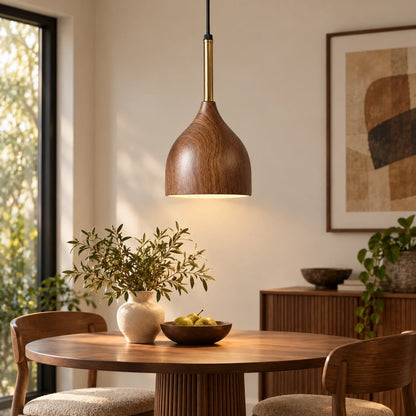 Wood-grain teardrop pendant above a dining table