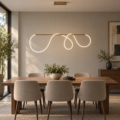 Looped ribbon linear pendant above a contemporary dining table