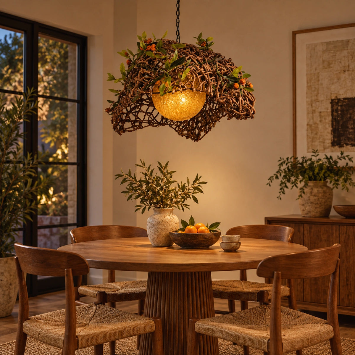 Woven botanical dome pendant above a dining table