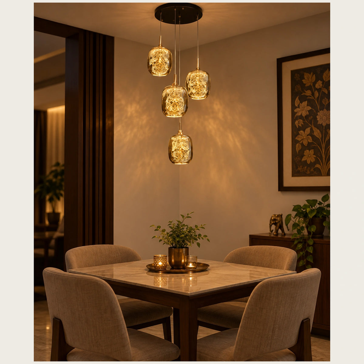 Four-light amber glass cluster pendant above a dining table