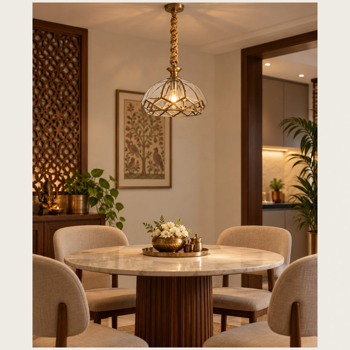 Faceted cage pendant above a dining table