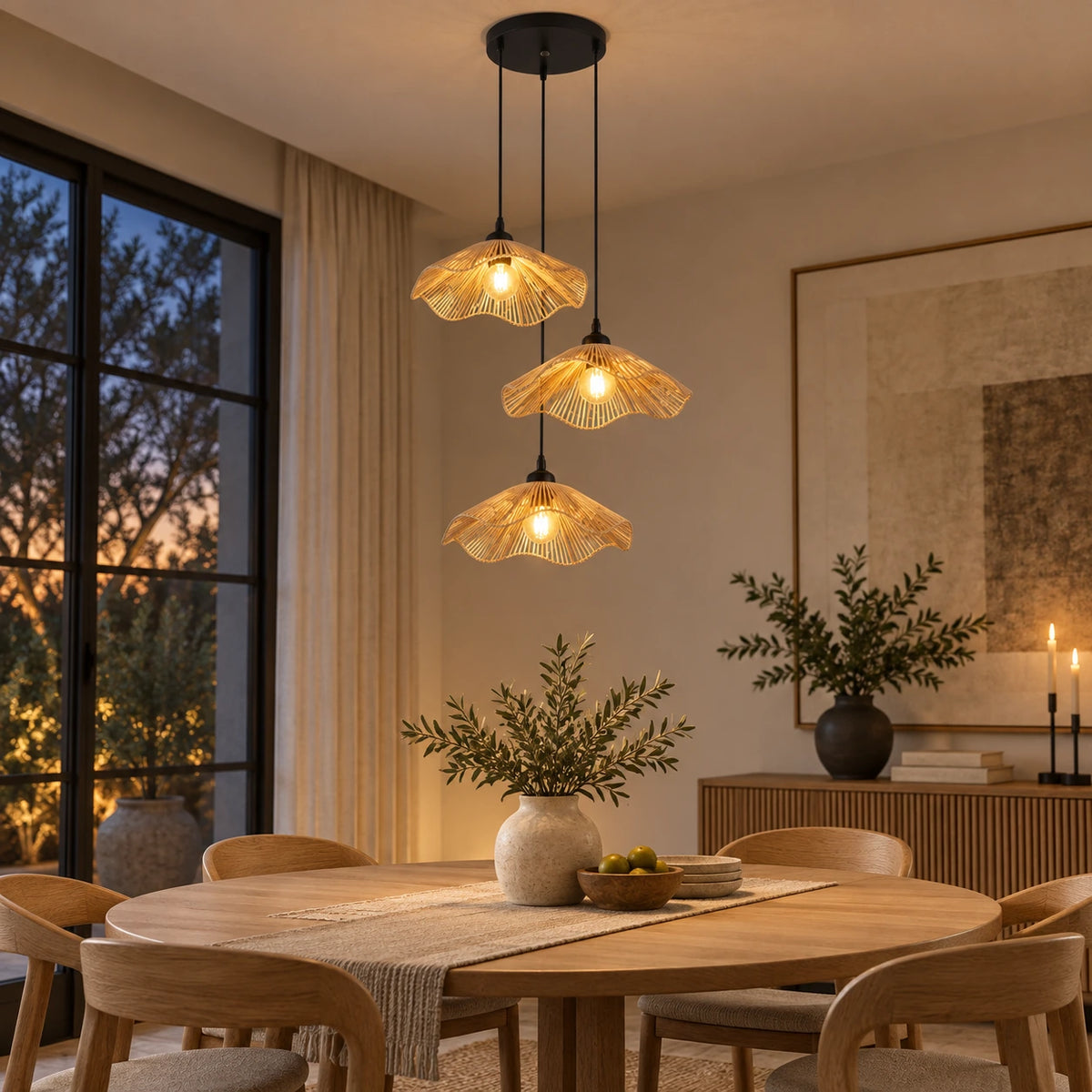 Lotus weave three-light pendant cluster above a dining table