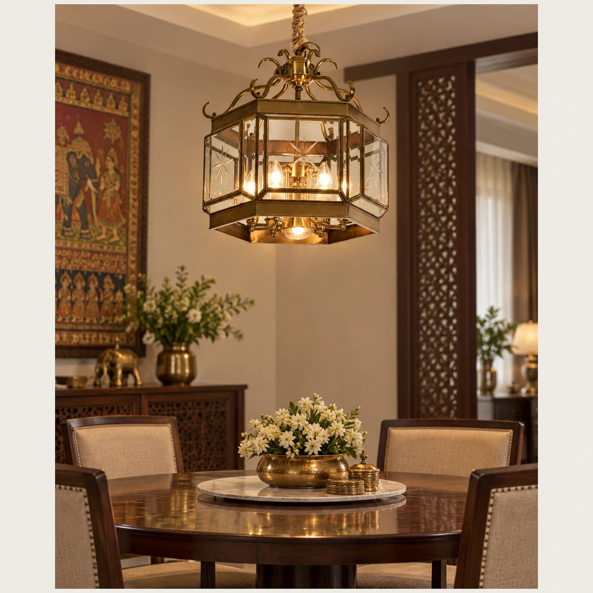 Ornate octagonal lantern pendant above a dining table