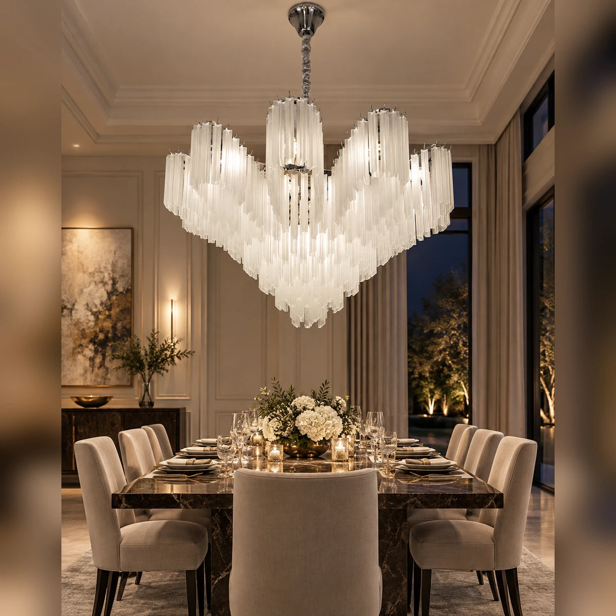 Frosted tiered chandelier above a dining table