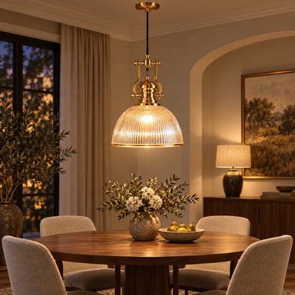 Ribbed lantern dome pendant above a dining table