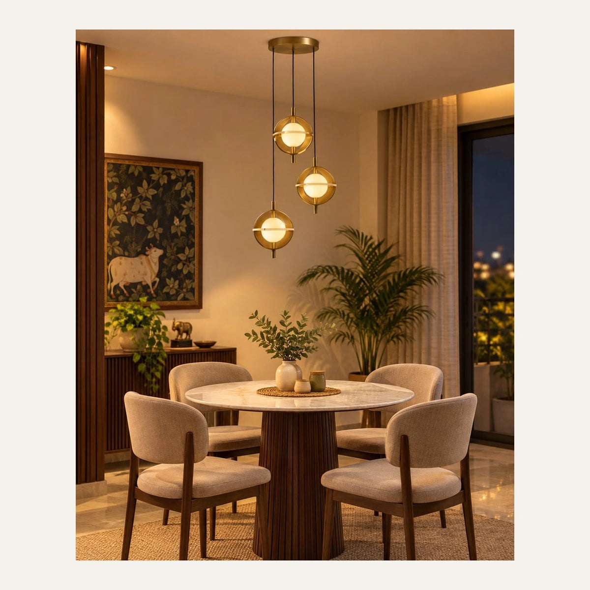 Three-globe ring cluster pendant in a dining room