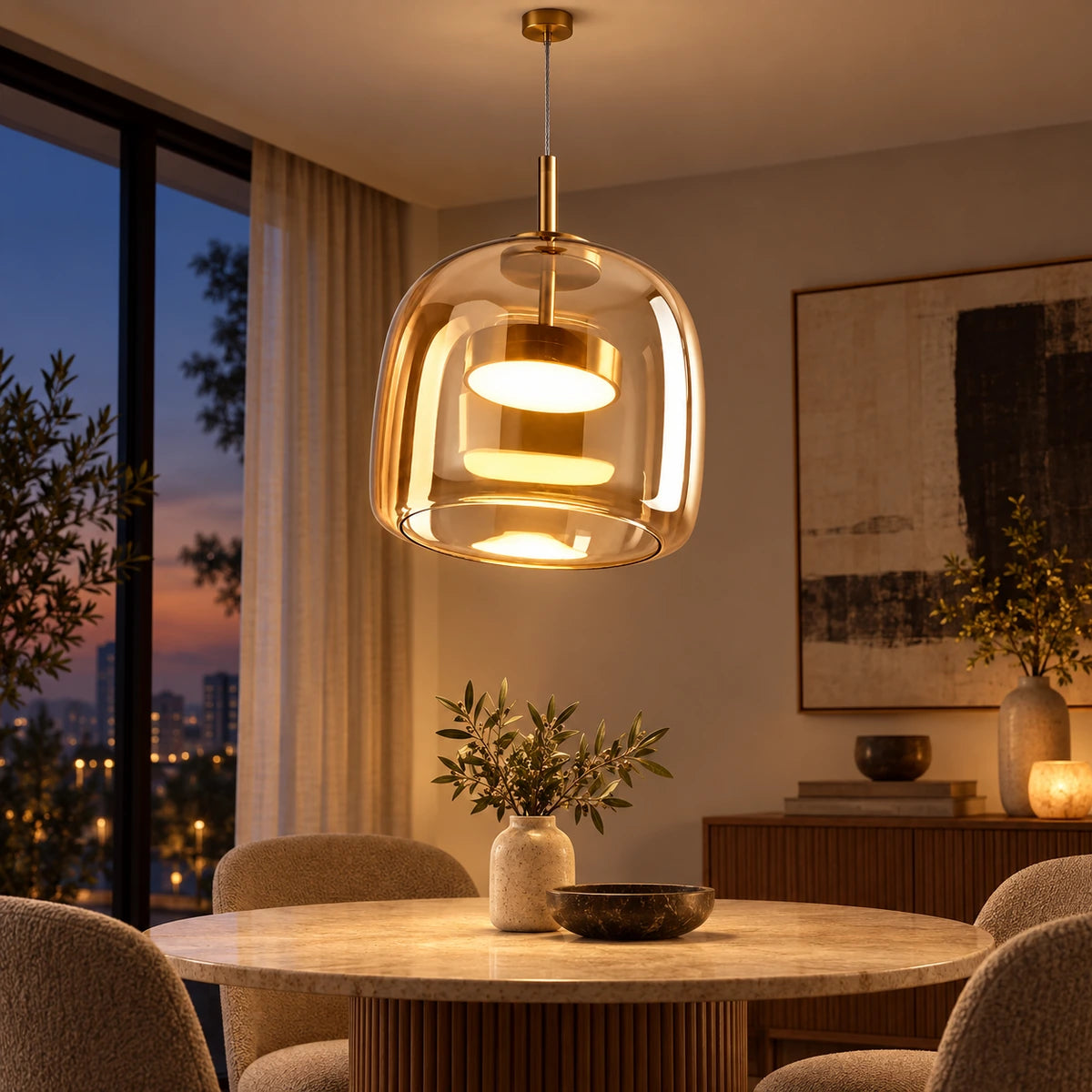 Amber glass disc pendant above a dining table