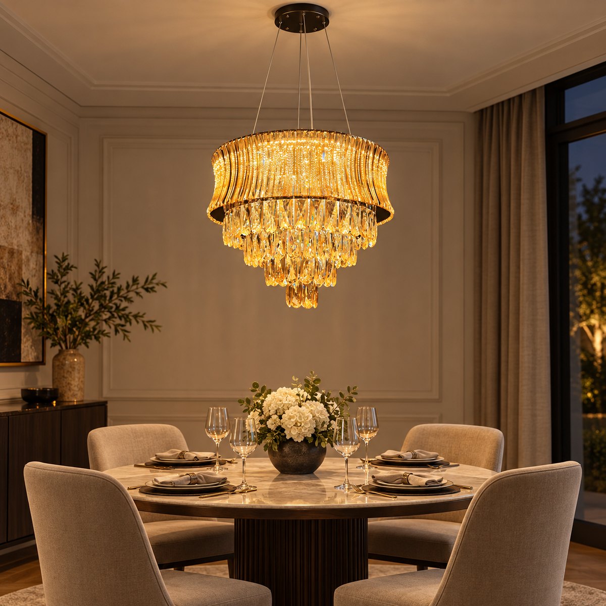 Amber tiered fringe chandelier above a round dining table