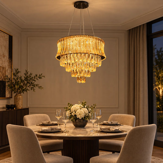 Amber tiered fringe chandelier above a round dining table