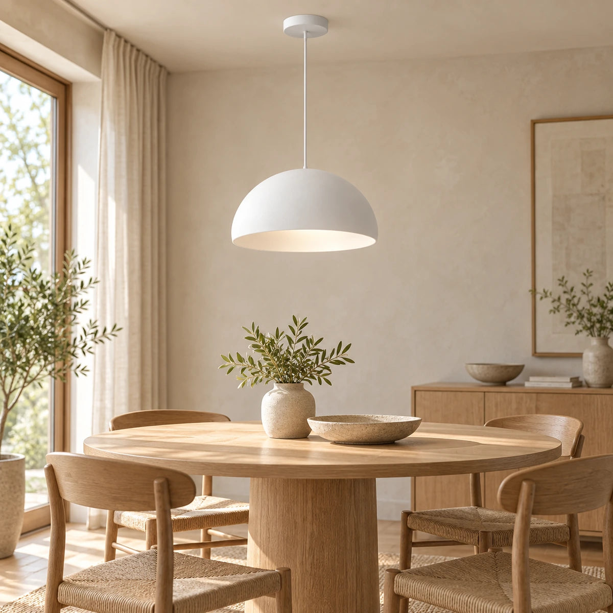 White soft dome pendant above a round dining table