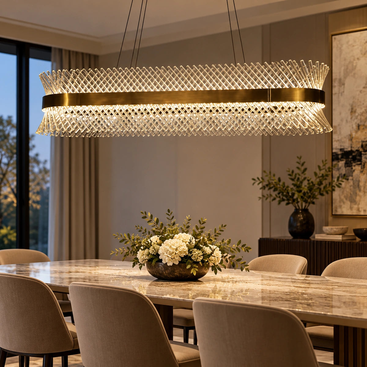 Clear glass lattice chandelier above a dining table
