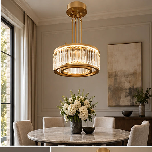 Crystal ring chandelier above a dining table