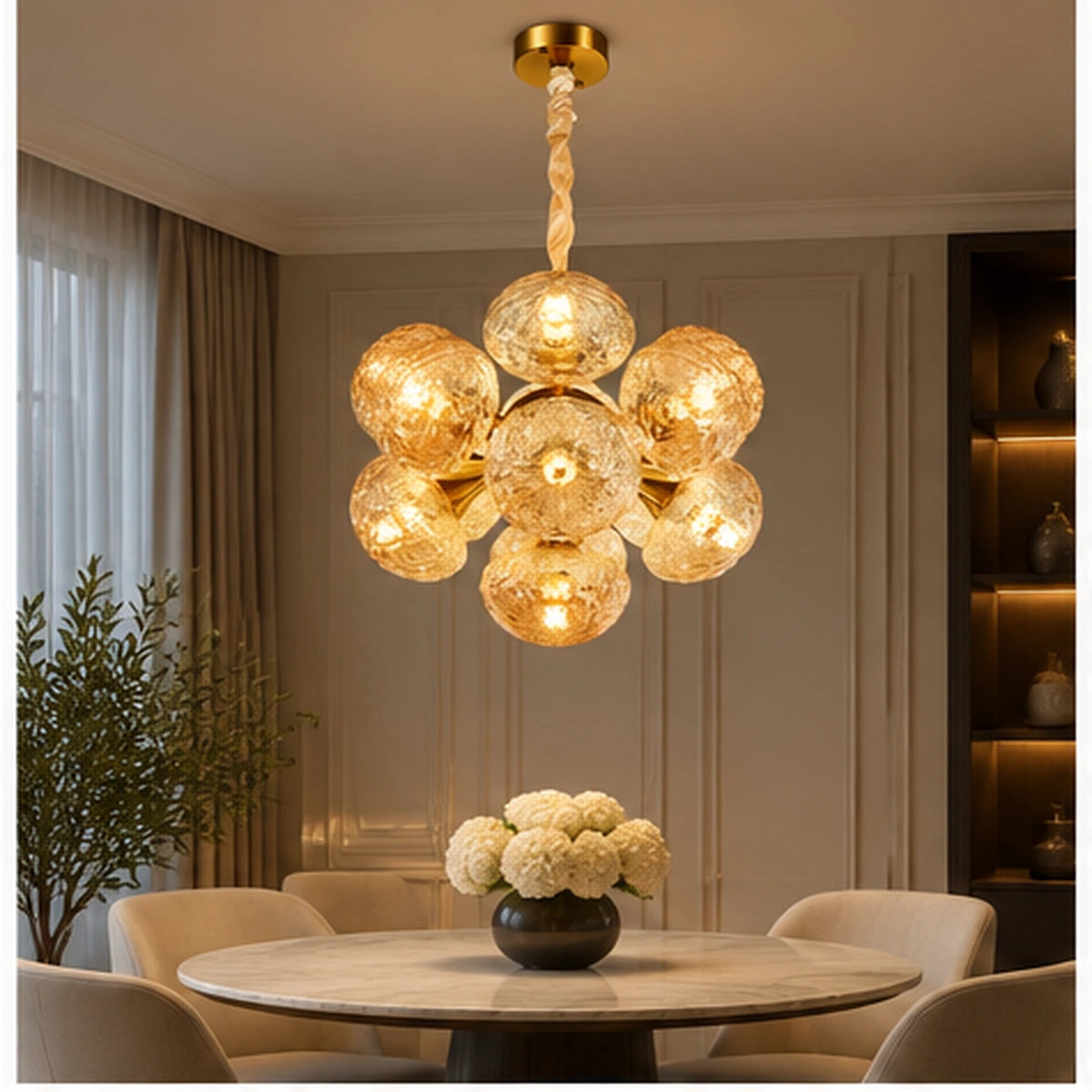 Amber globe cluster chandelier above a dining table