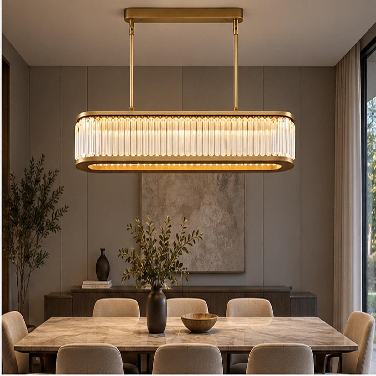Linear crystal chandelier above a dining table