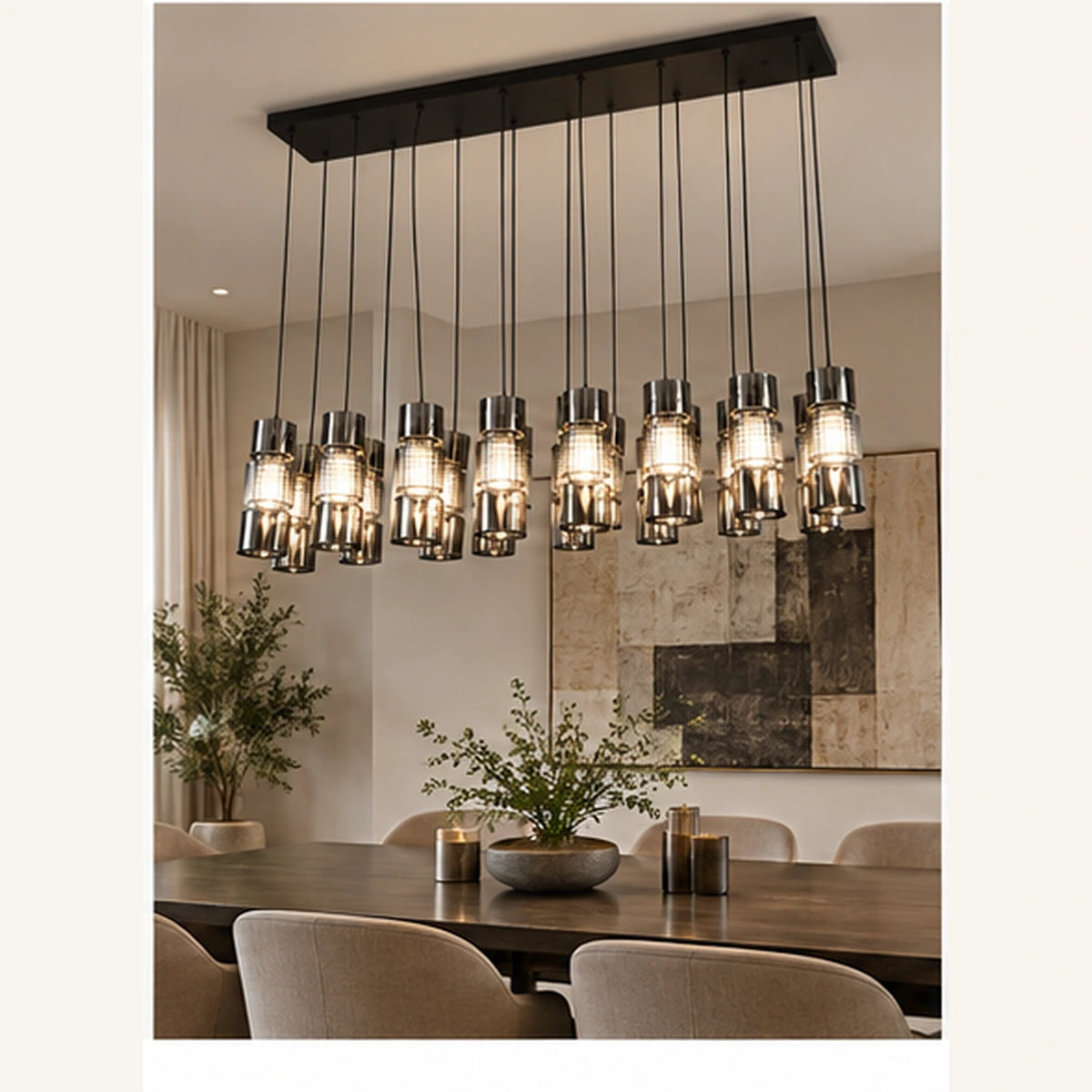 Black smoke cluster pendant above a dining table