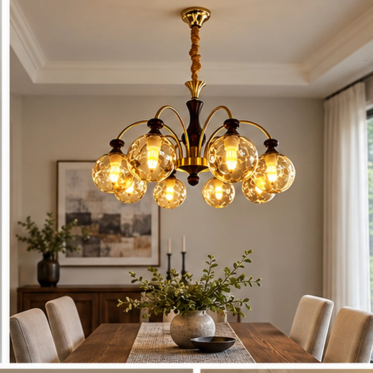 Eight-globe amber chandelier above a dining table