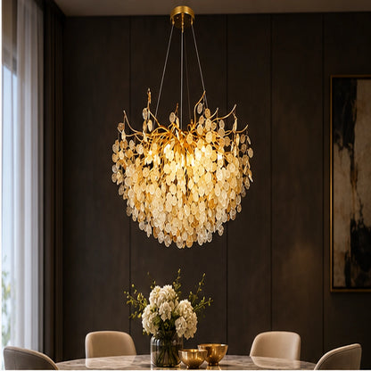 Crystal leaf chandelier above a dining table