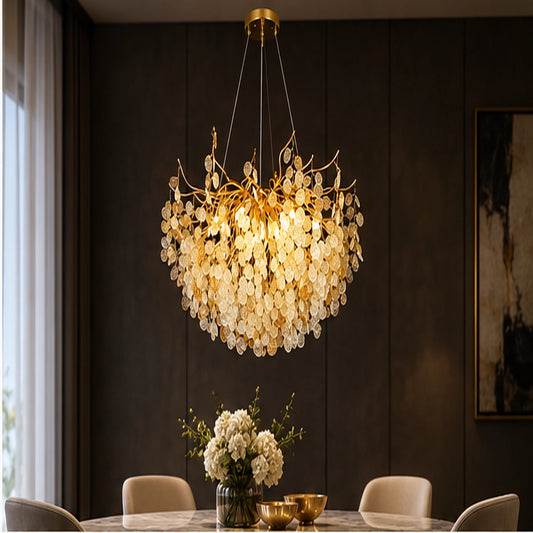Crystal leaf chandelier above a dining table
