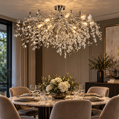 Silver smoke crystal branch chandelier above a dining table