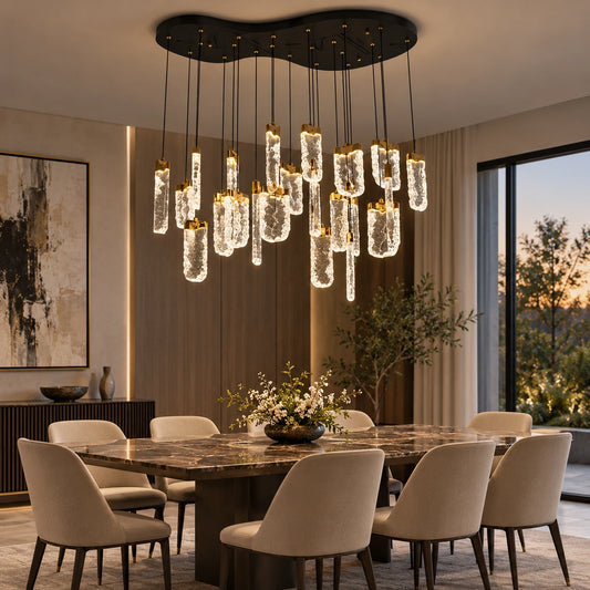 Twenty-two-light clear loop chandelier above a dining table