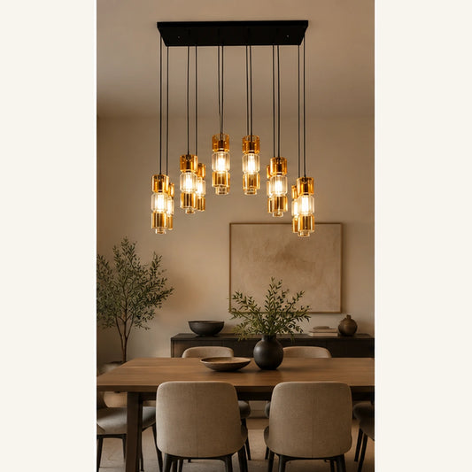 Black amber cluster pendant above a dining table
