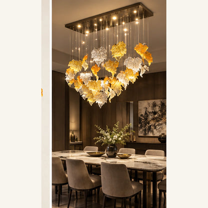 Ruffled glass cluster chandelier above a dining table