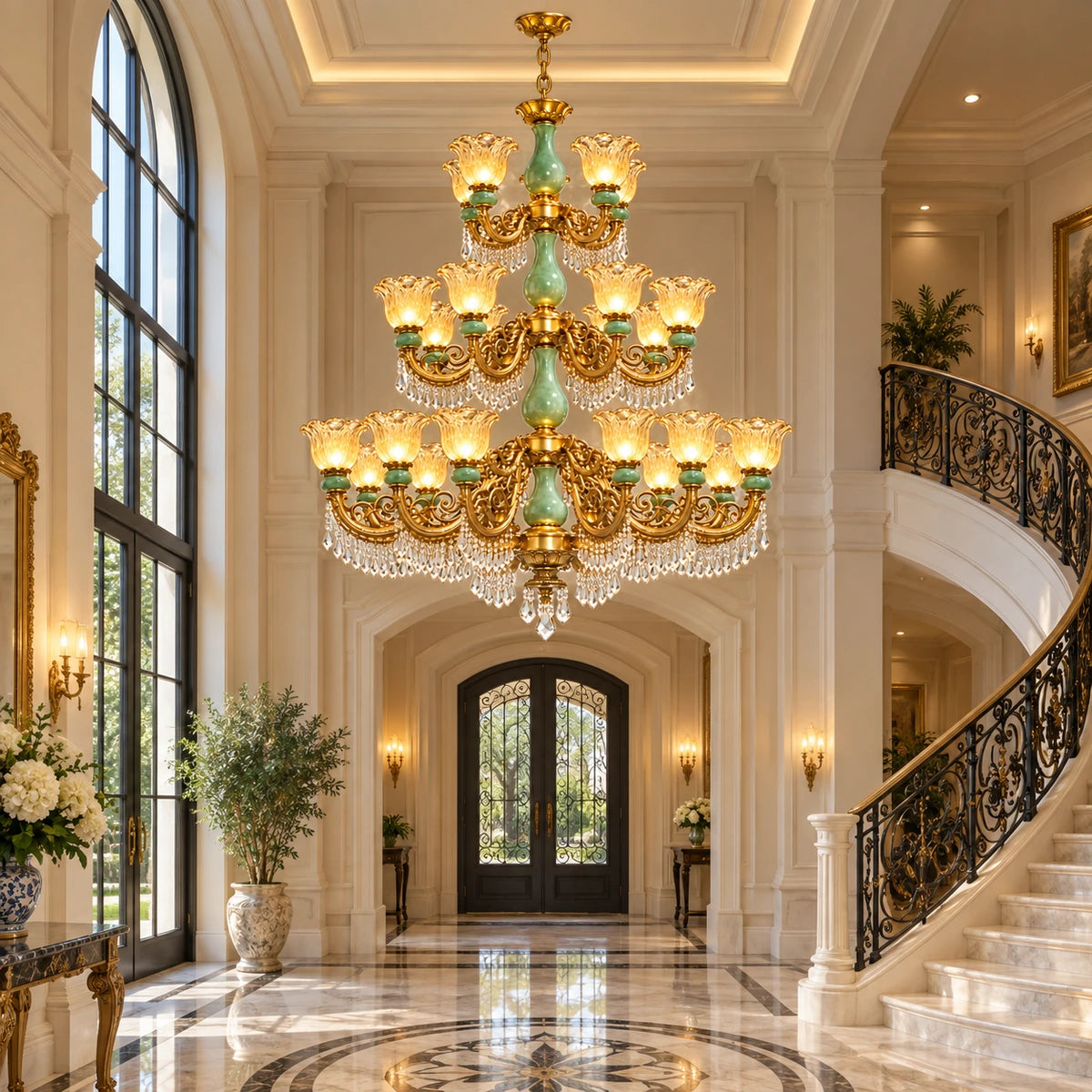 Grand three-tier chandelier in a double-height foyer