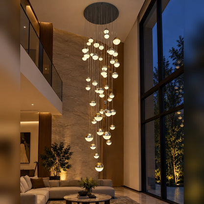Cascading globe chandelier in a spacious double-height living room