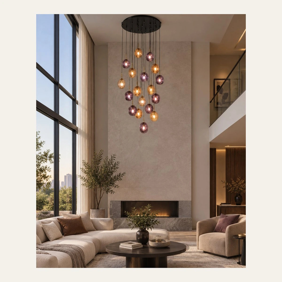 Amber and smoke glass globe cascade chandelier in a double-height living room
