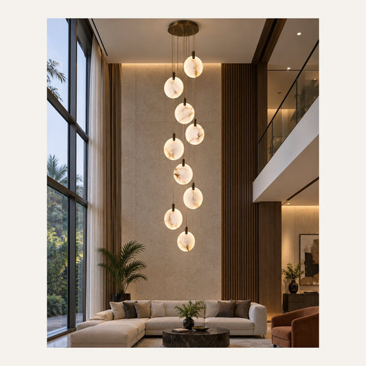 Ten-disc marble cascade chandelier in a double-height living room