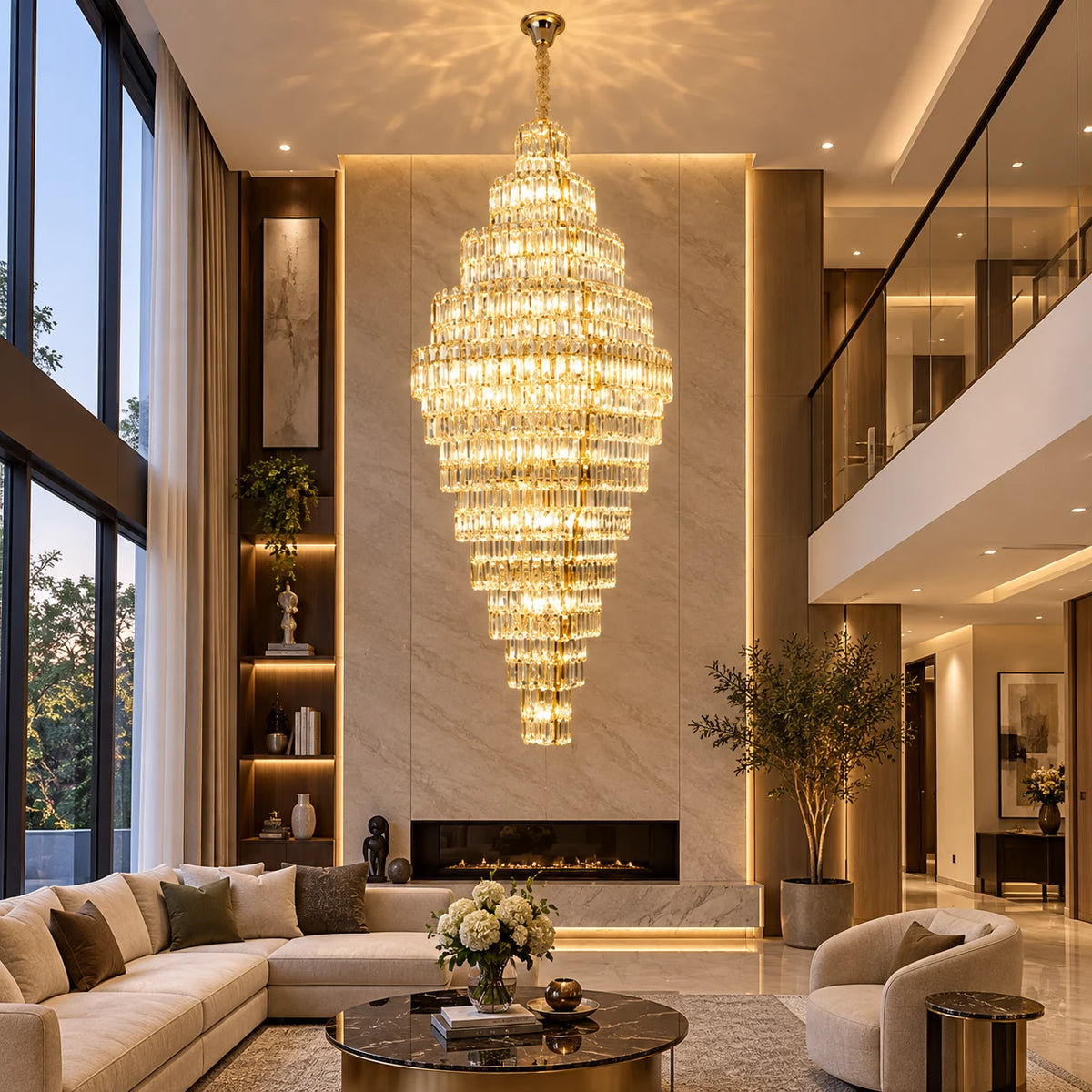 Grand vertical crystal cascade chandelier in a double-height living room