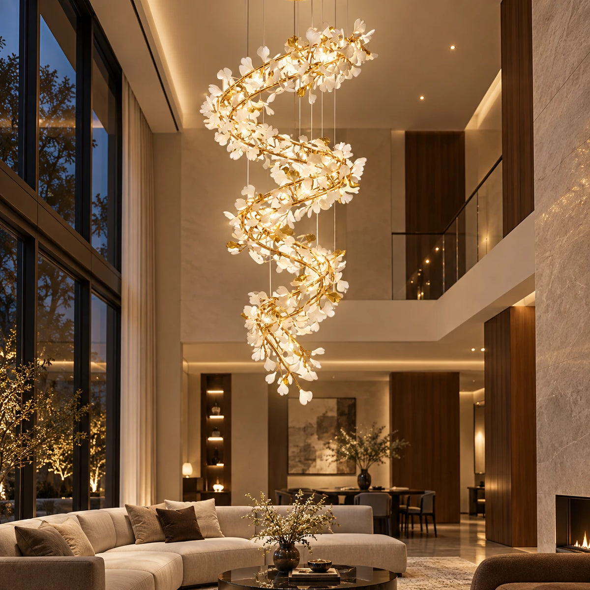 Spiral white leaf chandelier in a double-height living room