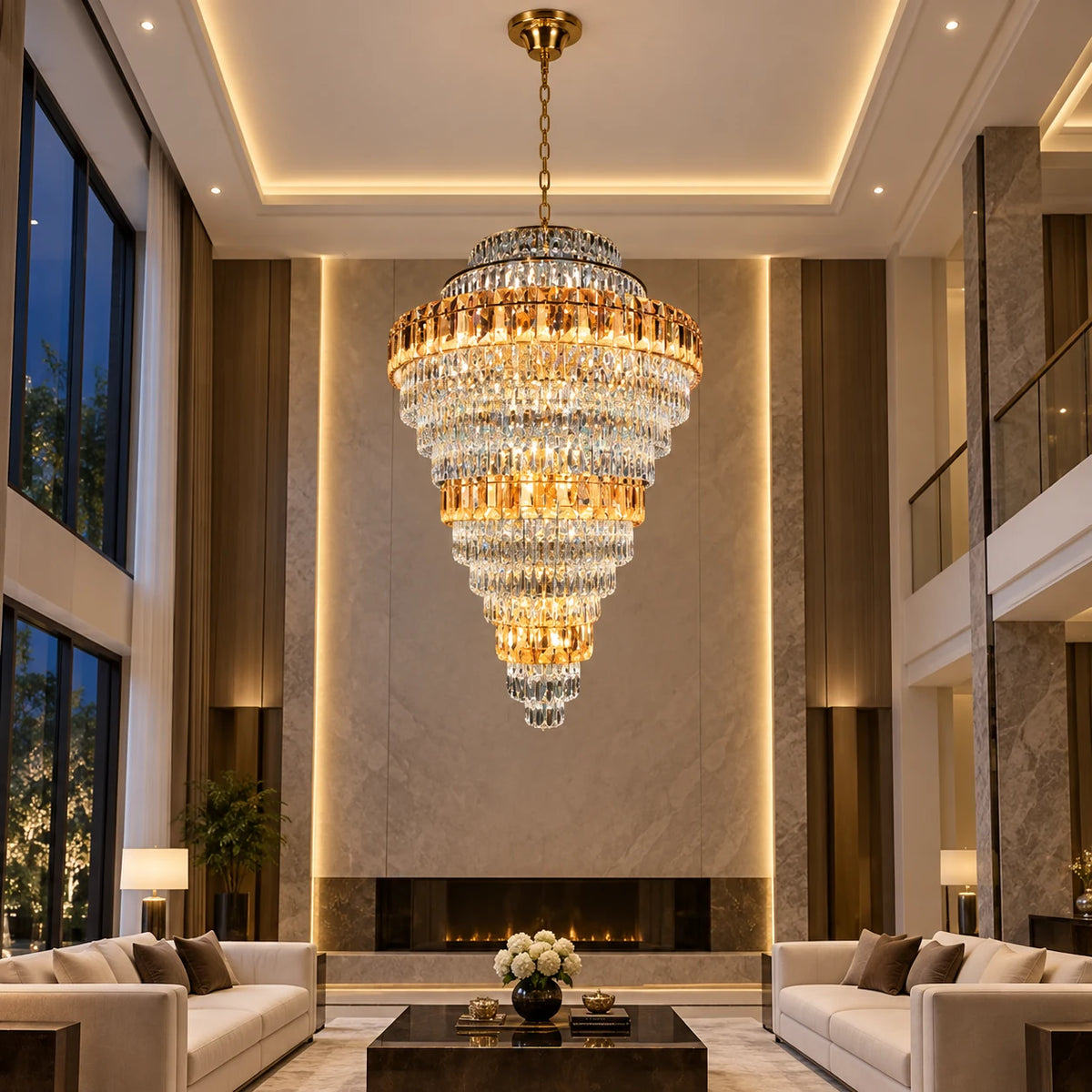 Tiered amber crystal chandelier in a double-height living room