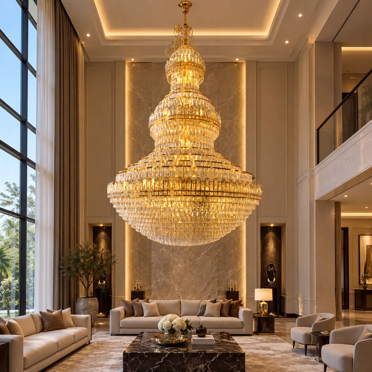 Grand tiered dome crystal chandelier in a double-height living room