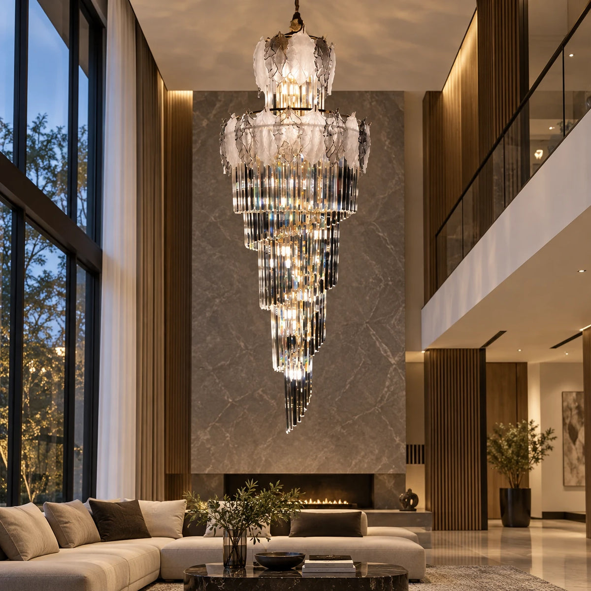 Tiered smoked glass crystal chandelier in a double-height living room