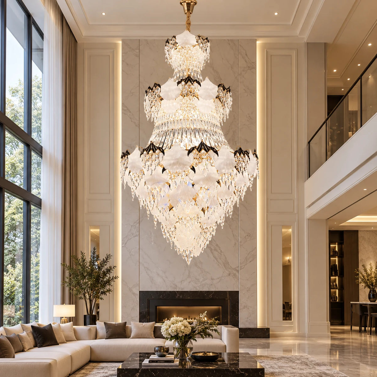 Tiered white crystal leaf chandelier in a double-height living room