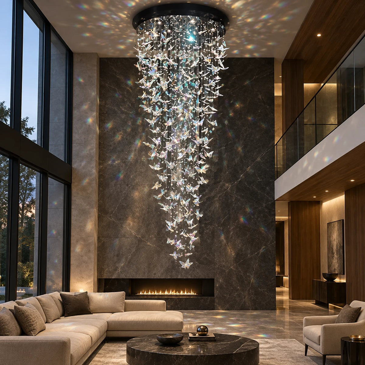 Cascading butterfly crystal chandelier in a double-height living room