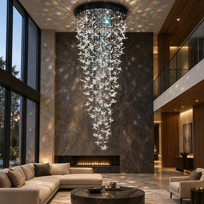 Cascading butterfly crystal chandelier in a double-height living room